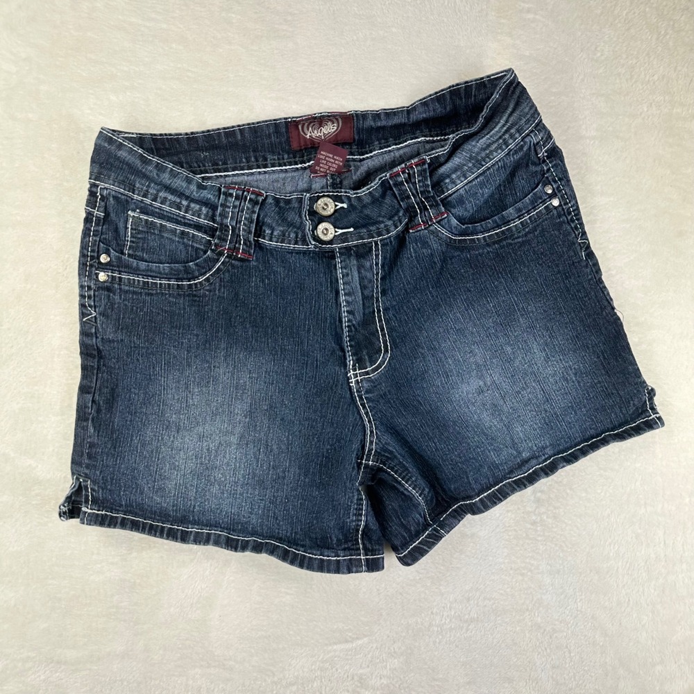 Angels Denim Shorts Womens 10 Blue Embroidered Flap Pocket Contrast Stitch Ramie